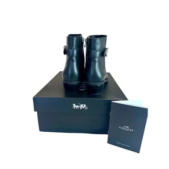 Coach Women's Black Leather Ankle Booties Size 8 Monogram Pull Tab - Picture 5 of 7